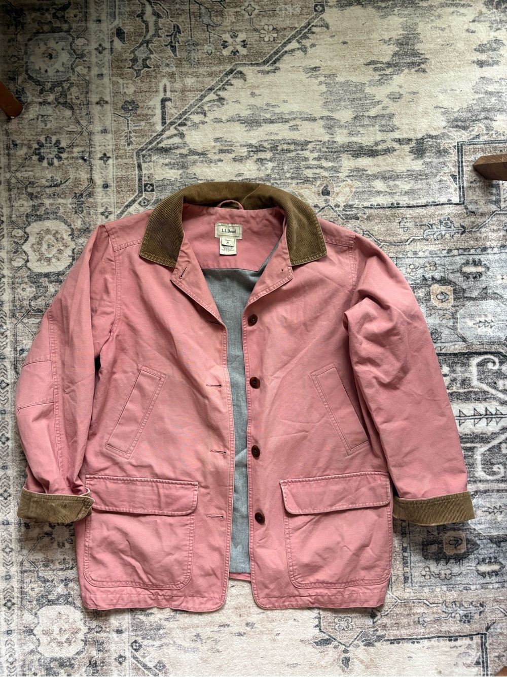Vintage 90s LL BEAN barn chore coat in baby pink brown corduroy sz M 100% cotton